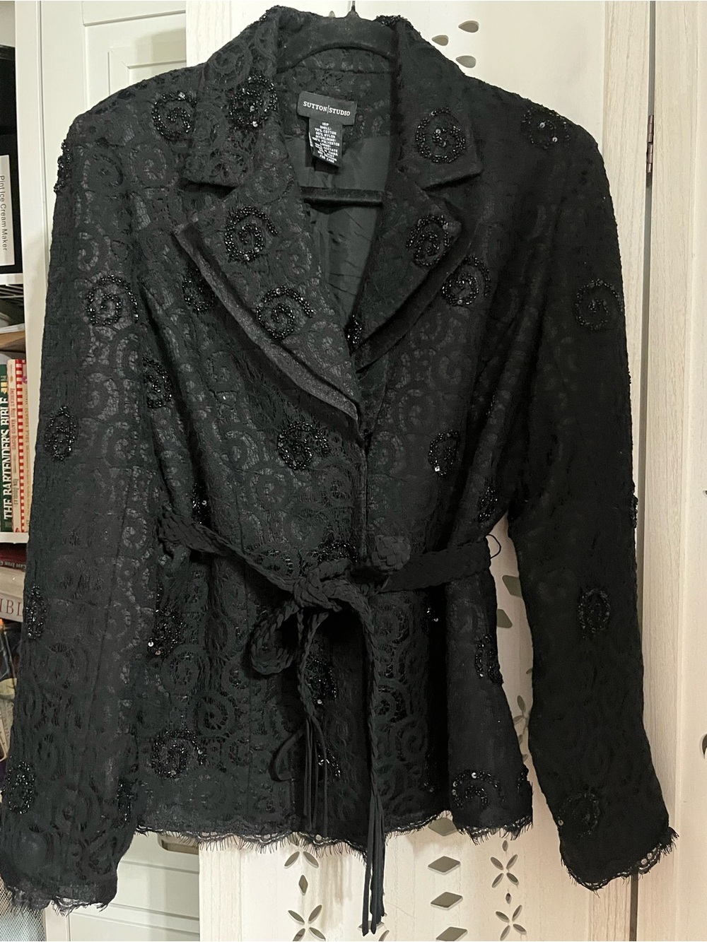 Sutton Studio Black Embellished/Beaded Lace Tie-Waist Jacket